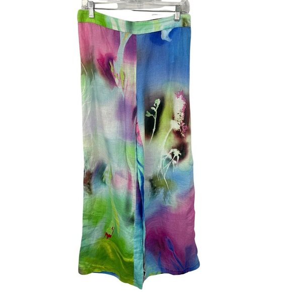 120% Lino Linen Floral Wide-Leg Pull-On Pants Size 44 / US M Summer Resort Beach - Picture 1 of 15
